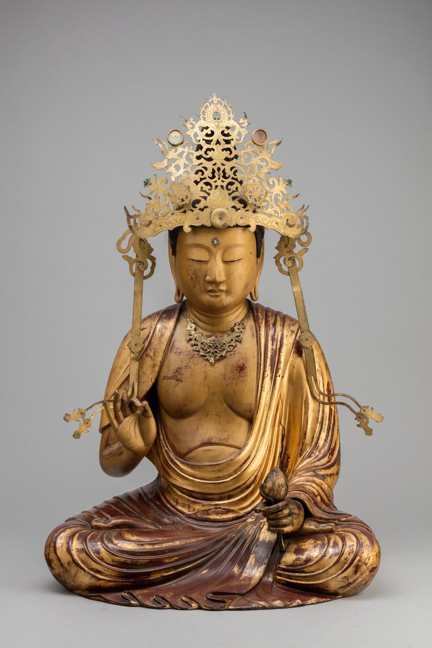 Bodhisattva Kannon med en lotusblomst (træ, forgyldning og lak) af Japanese School