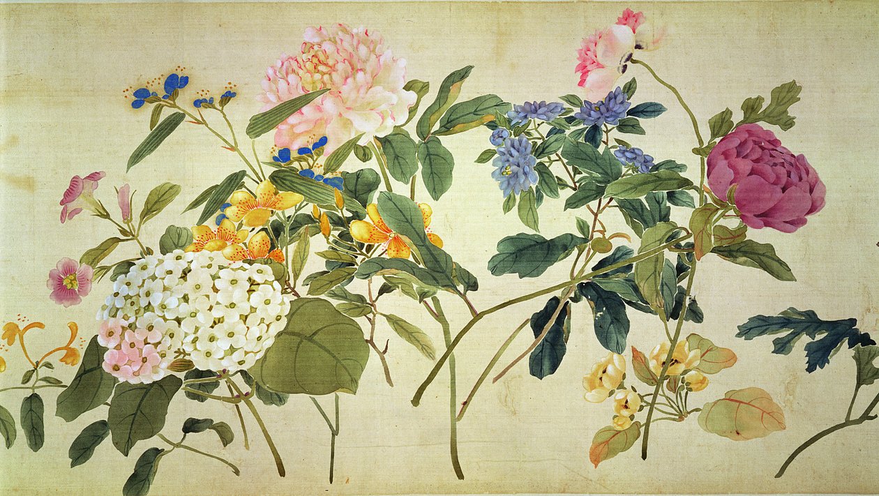 Botanisk undersøgelse af blomster (wc på silke) af Japanese School
