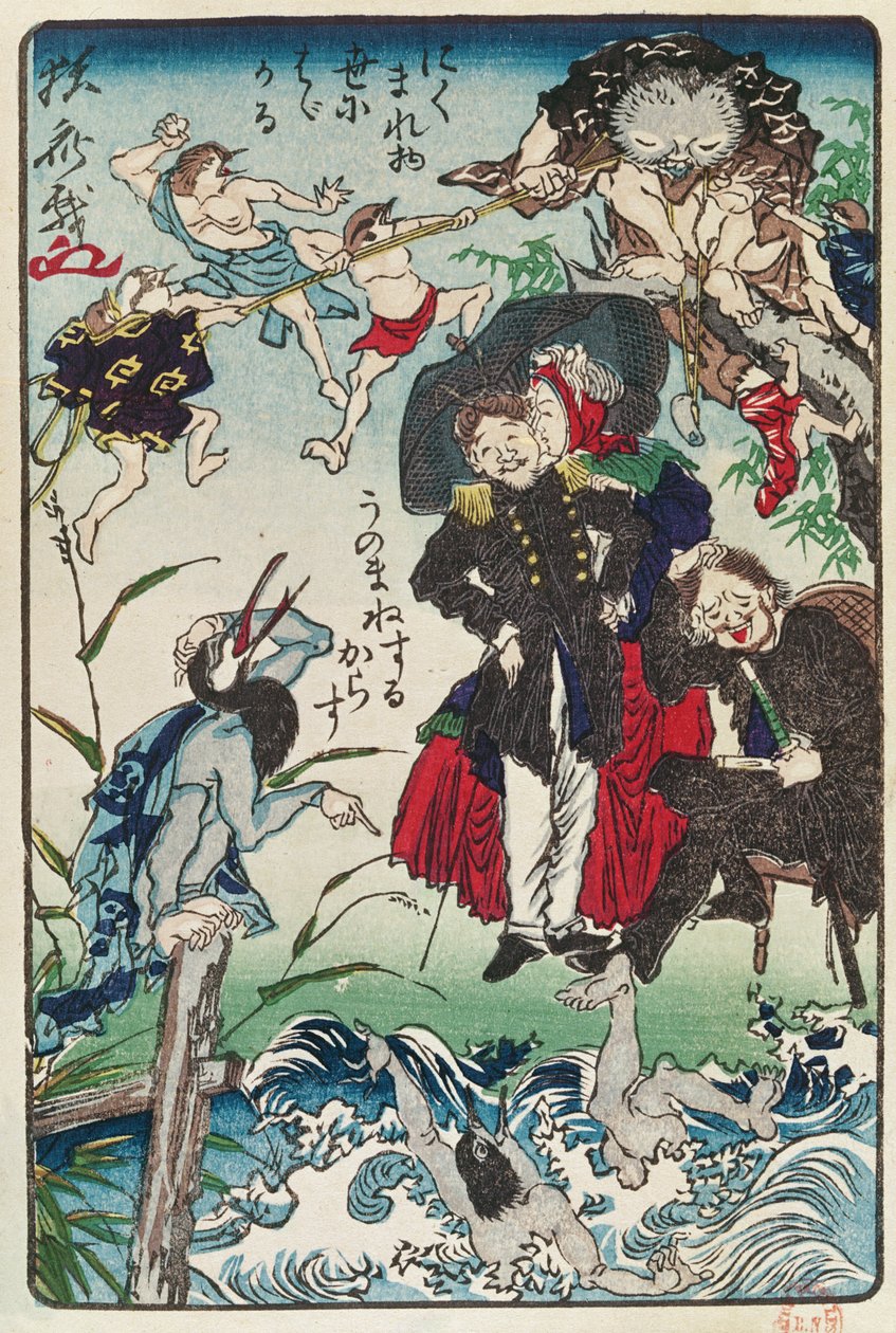 Karikatur af japanere iført vestligt tøj, ca. 1870 (træblok i farver) af Japanese School