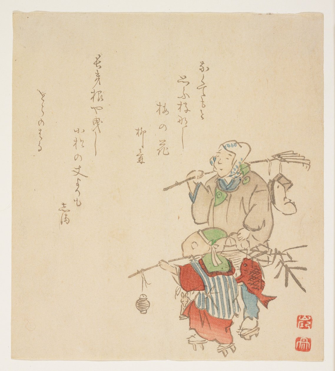Bærer nytårsdekorationer, januar 1854 (træbloktryk i farver) af Japanese School