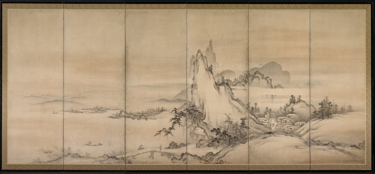 Chinese Landscape, en af et par seks-foldede skærme af Japanese School