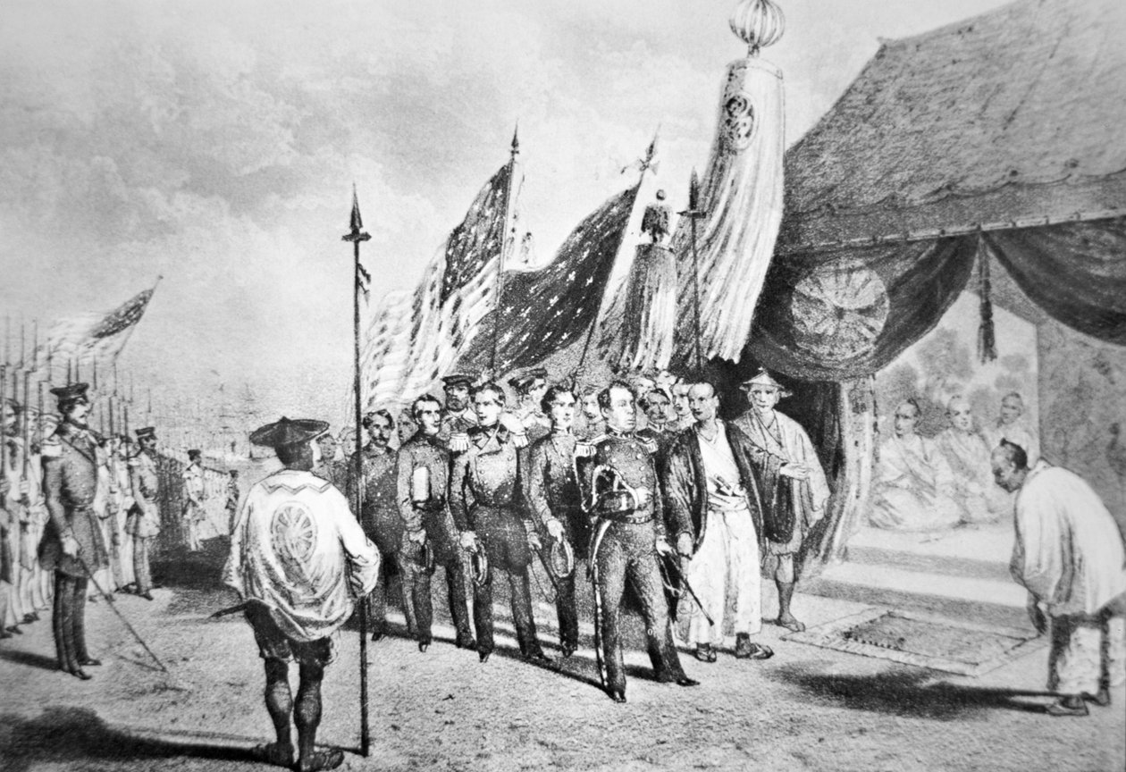 Commodore Perry i Japan i 1853, hvor han mødte kejserlige kommissærer i Yokohama af Japanese School
