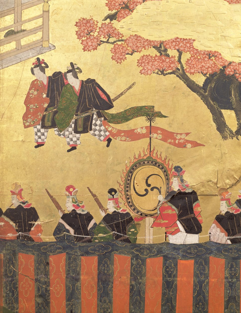 Detalje fra en firebladsskærm, der forestiller to hoffolk iført kazaritachi og soldater, Tosa School, Edo Period (farver, blæk, gofun og guld på papir) af Japanese School