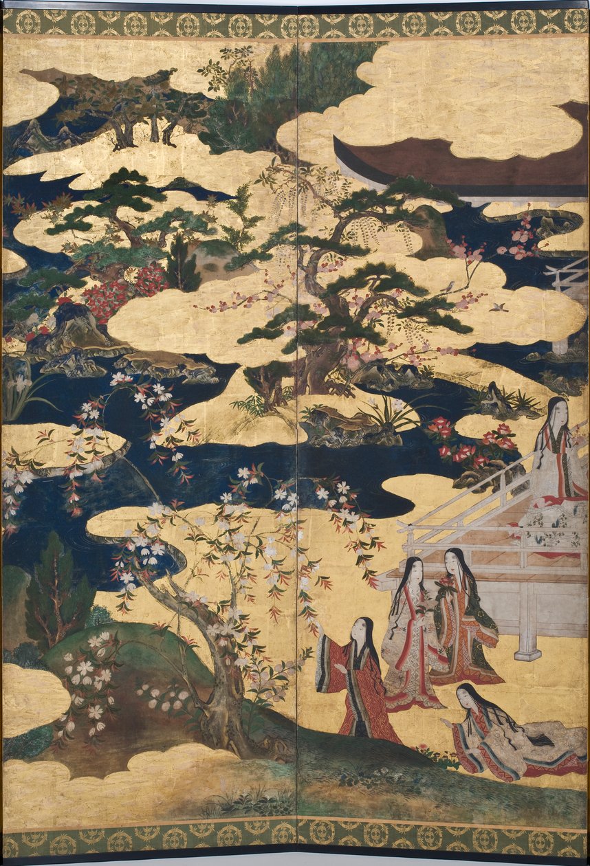 Detalje af Spring in the Palace, seksdobbelt skærm fra The Tale of Genji, ca. 1650 (blæk, farver og guld på papir) af Japanese School