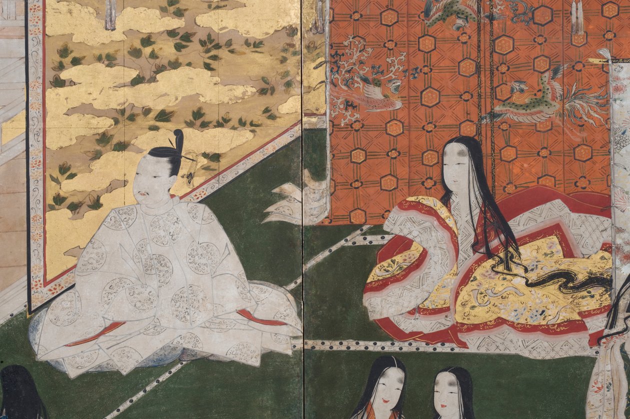 Detalje af Spring in the Palace, seksdobbelt skærm fra The Tale of Genji, ca. 1650 (blæk, farver og guld på papir) af Japanese School