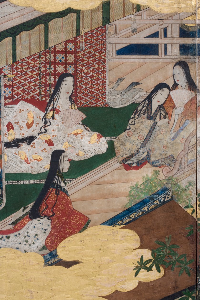Detalje af Spring in the Palace, seksdobbelt skærm fra The Tale of Genji, ca. 1650 (blæk, farver og guld på papir) af Japanese School