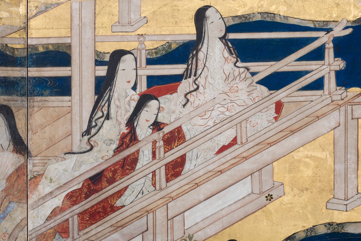 Detalje af Spring in the Palace, seksdobbelt skærm fra The Tale of Genji, ca. 1650 (blæk, farver og guld på papir) af Japanese School