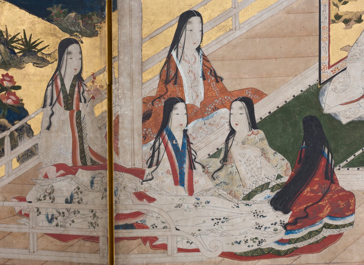 Detalje af Spring in the Palace, seksdobbelt skærm fra The Tale of Genji, ca. 1650 (blæk, farver og guld på papir) af Japanese School