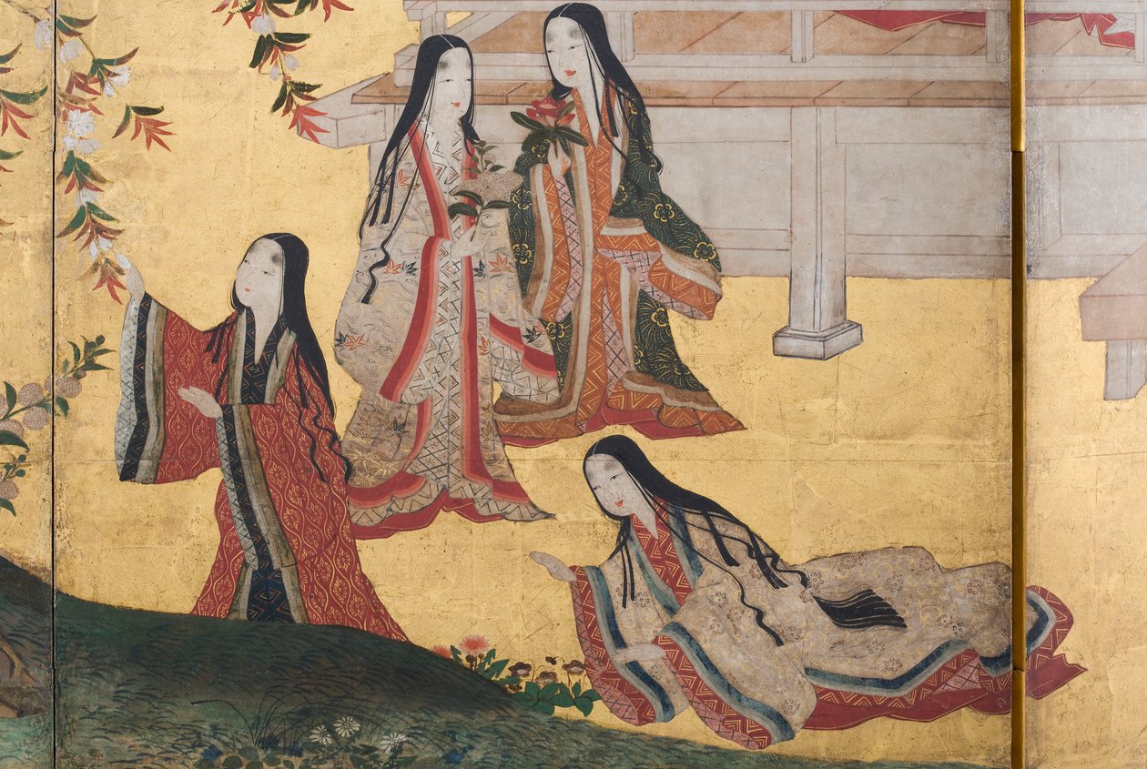 Detalje af Spring in the Palace, seksdobbelt skærm fra The Tale of Genji, ca. 1650 (blæk, farver og guld på papir) af Japanese School