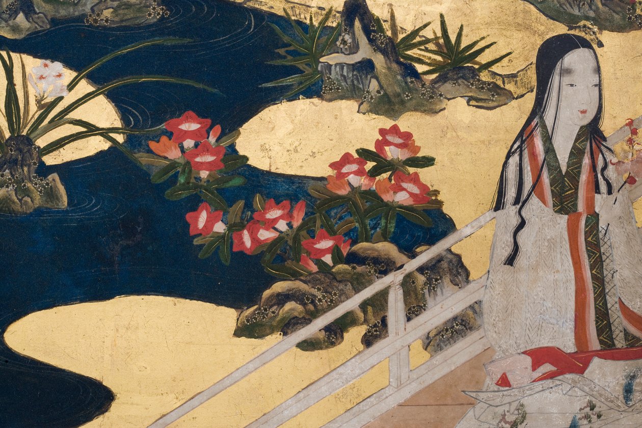 Detalje af Spring in the Palace, seksdobbelt skærm fra The Tale of Genji, ca. 1650 (blæk, farver og guld på papir) af Japanese School