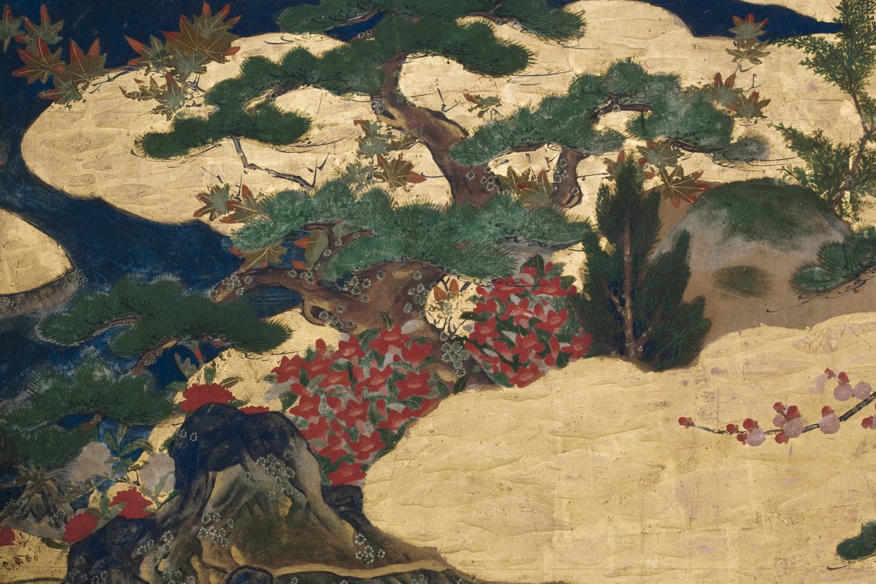 Detalje af Spring in the Palace, seksdobbelt skærm fra The Tale of Genji, ca. 1650 (blæk, farver og guld på papir) af Japanese School