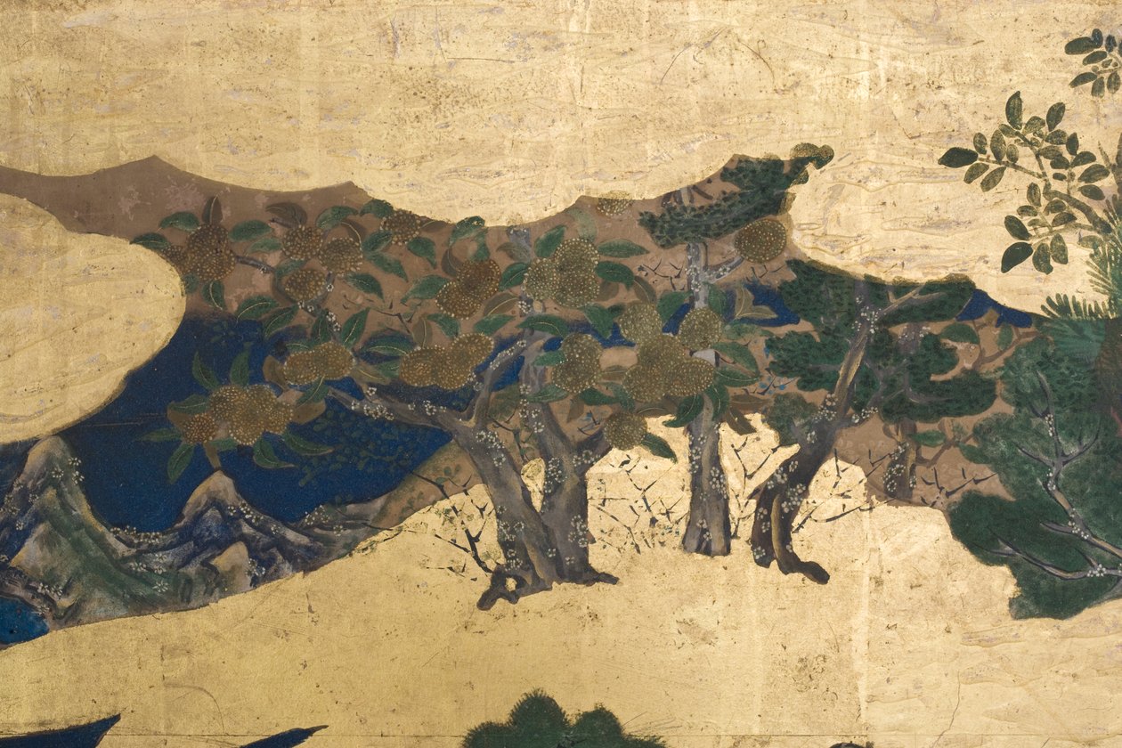 Detalje af Spring in the Palace, seksdobbelt skærm fra The Tale of Genji, ca. 1650 (blæk, farver og guld på papir) af Japanese School
