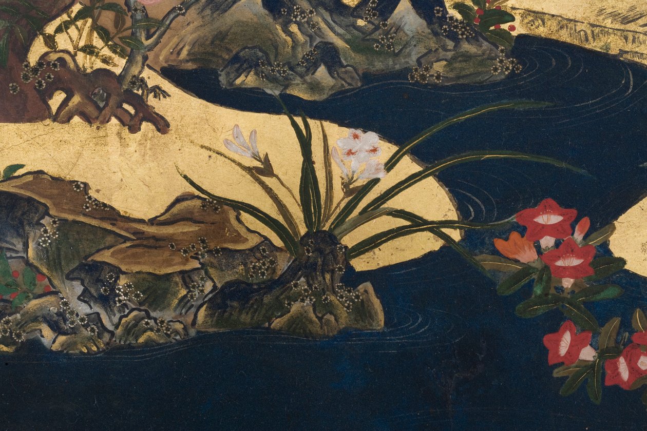 Detalje af Spring in the Palace, seksdobbelt skærm fra The Tale of Genji, ca. 1650 (blæk, farver og guld på papir) af Japanese School