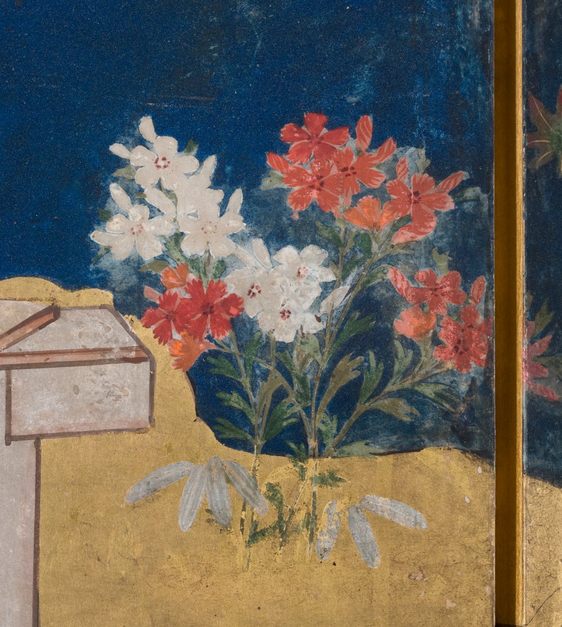 Detalje af Spring in the Palace, seksdobbelt skærm fra The Tale of Genji, ca. 1650 (blæk, farver og guld på papir) af Japanese School