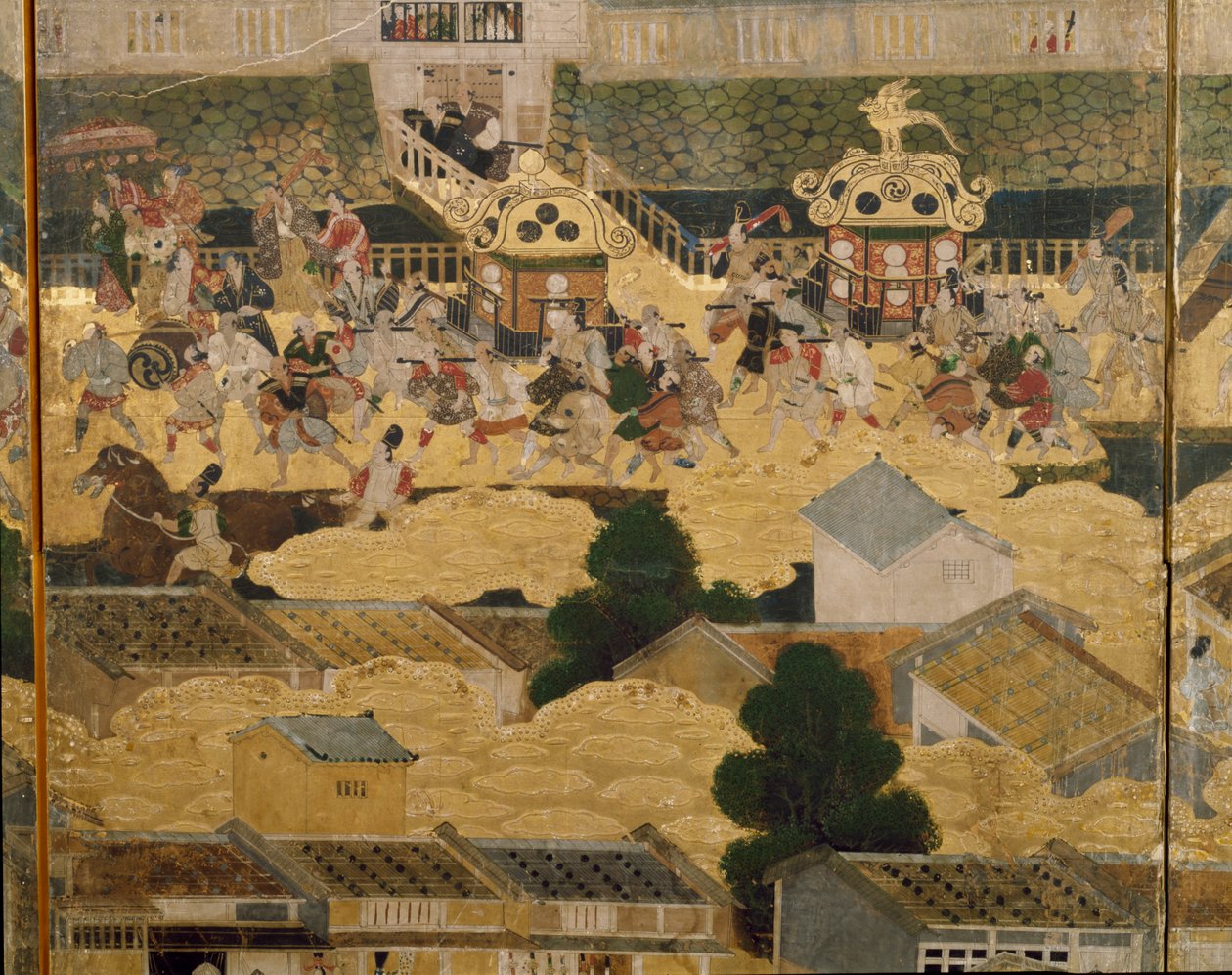 Detalje af Views In and Around Kyoto (Rakuchu rakugai zu), ca. 1616-24 (blæk, farve og bladguld på papir) af Japanese School