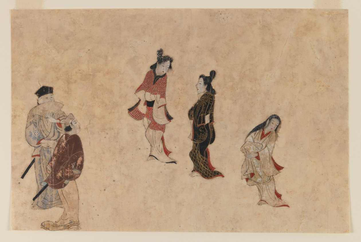 Tidlig Ukiyo-e maleri (blæk, farve og guld på papir) af Japanese School