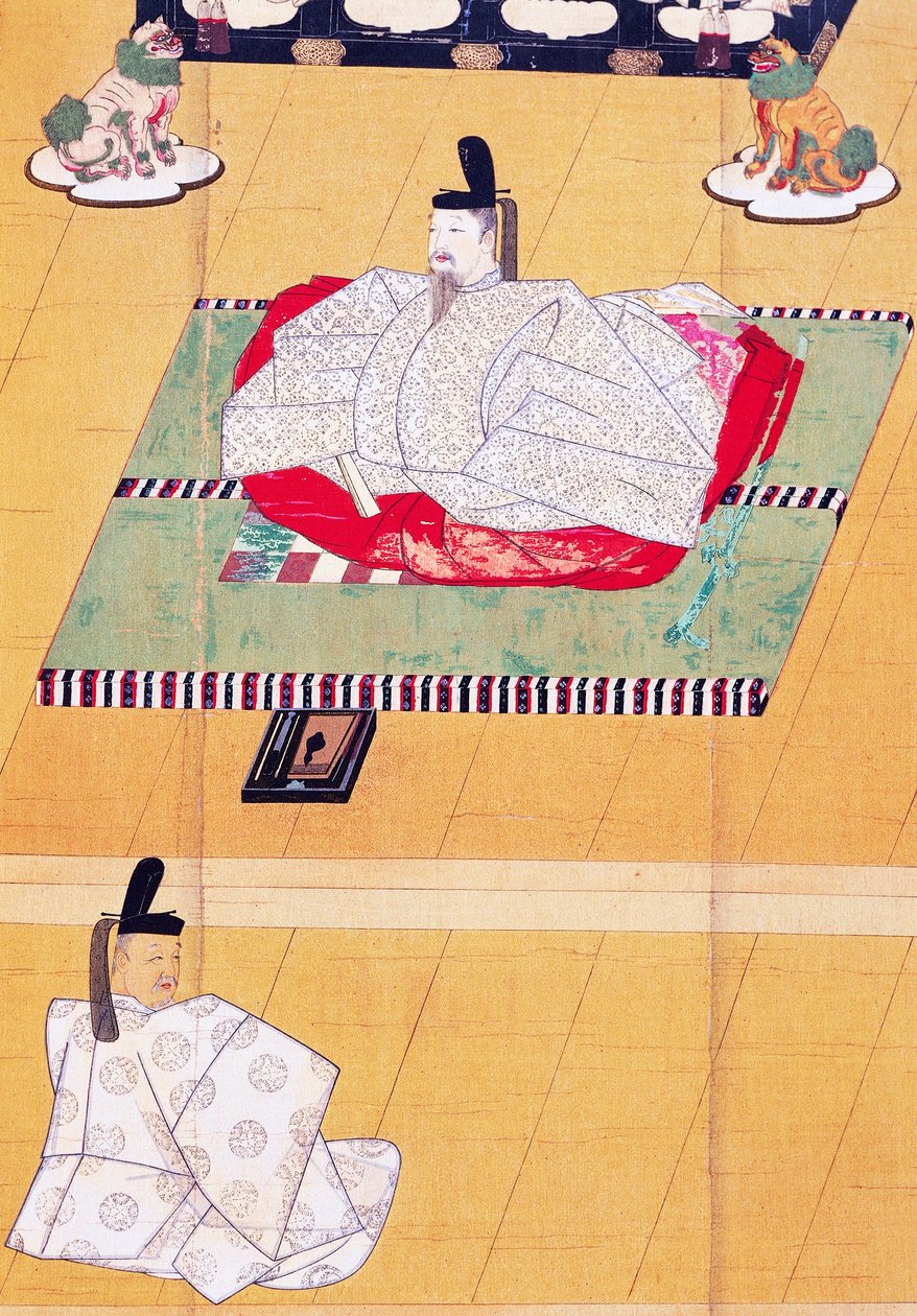 Kejser Go-Daigo og minister Fujifusa, træsnit, Kamakura-perioden (1185-1333), japansk civilisation af Japanese School