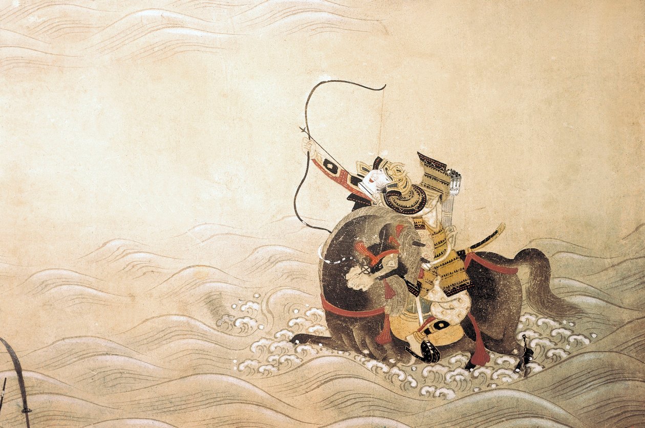 Episode af Genpei (Gen Pei) krigen (1180-1185): en samurai bevæbnet med en bue og monteret på en hest krydser en flod ved en gæst. Japansk kunst fra Tosa-skolen af Japanese School