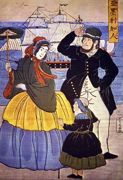 Europæisk familie ved Yokohama havnefront malet af en japansk kunstner i 1861 af Japanese School
