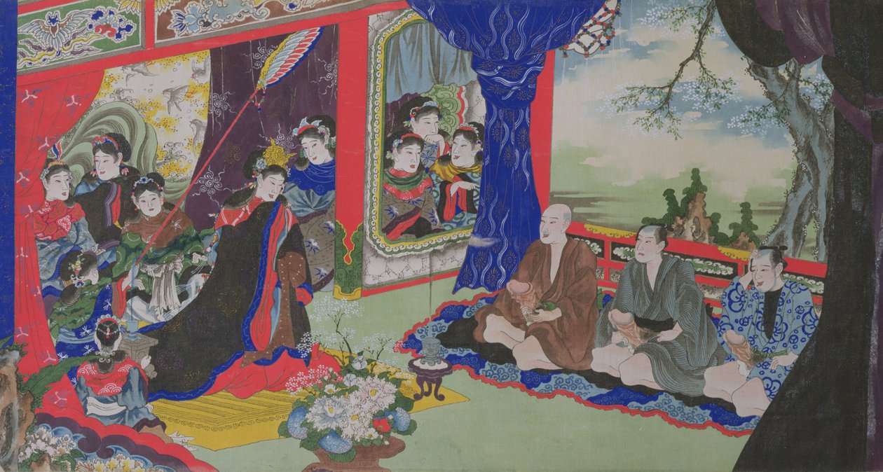 Fiskere, der viser deres penis til kejserinden og hendes hof, fra en erotisk historie om fiskere, der forliste på en ø beboet af kvinder (håndfarvet gravering) af Japanese School