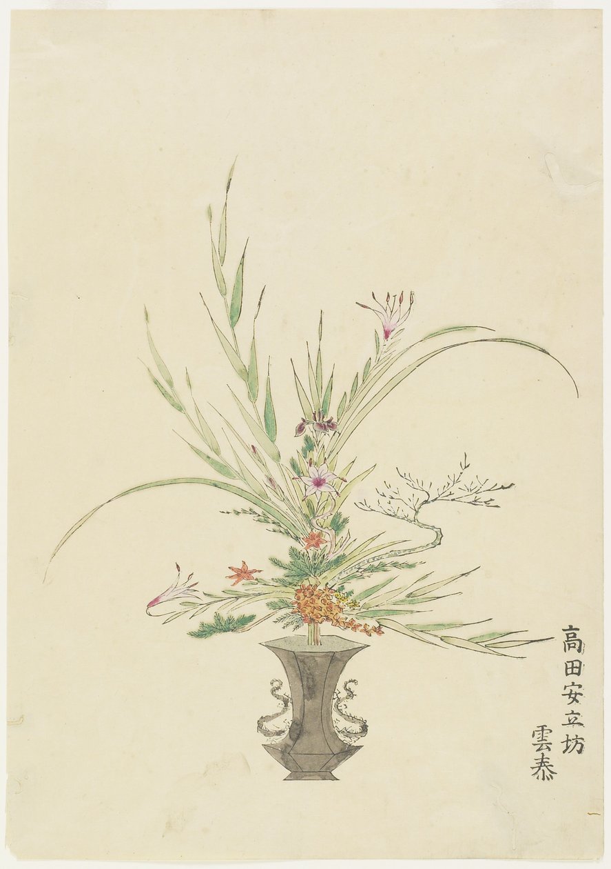 Blomsterarrangement af Takada Anritsub?; Liljer og klokkeblomster (håndfarvet træbloktryk) af Japanese School