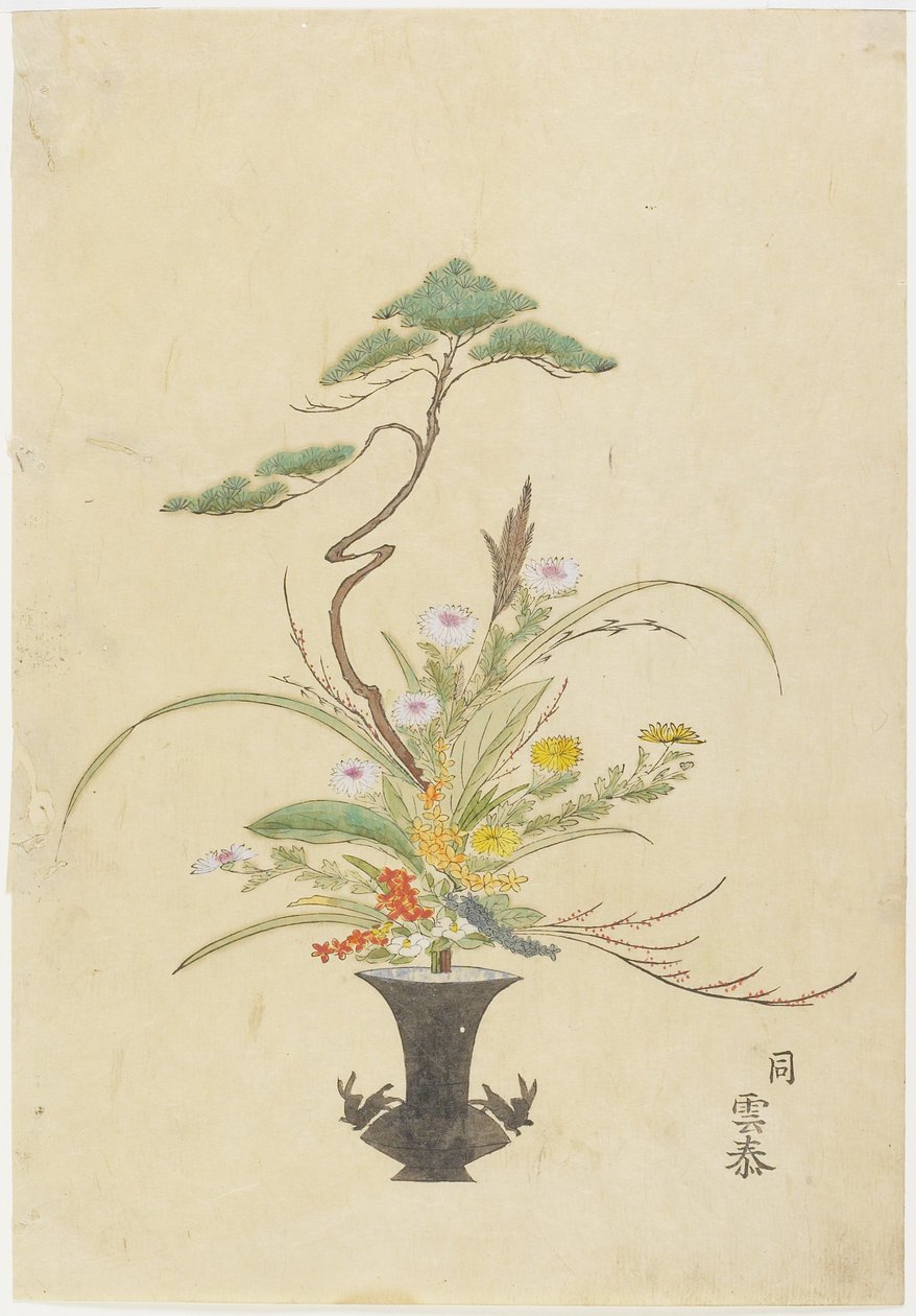Blomsterarrangement af Takada Anritsub? Untai; Fyr, krysantemum og kamelia (håndfarvet træbloktryk) af Japanese School