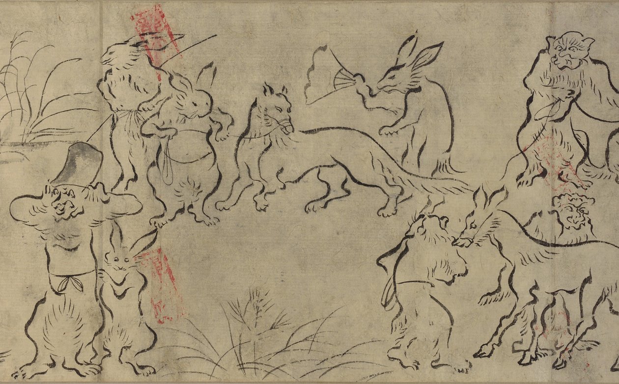 Dyr, der boltrer sig (Choju Giga) Muromachi periode (blæk på papir) af Japanese School