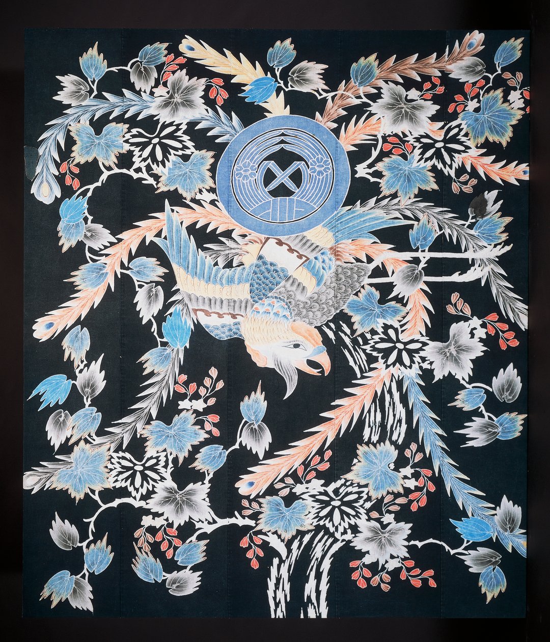 Futonji sengetæppe med motiver af phoenix, paulownia og påskeliljer, bomuld, farvestof med indigo, pigment og blæk af Japanese School