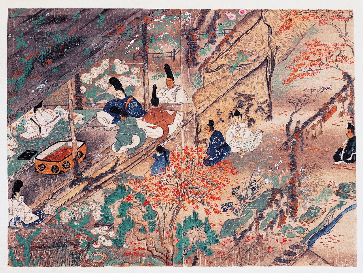 Heian statsmand og digter Sugawara Michizane (845-903), kendt som Tenjin-San (himmelsk ånd), i eksil i Kitano Tenman-Gu-helligdommen i Kyoto og deler tøj doneret af den tidligere kejser, Fujiwara Nobuzane (1176-1268), Kamakura periode (1185-1333), Japan af Japanese School