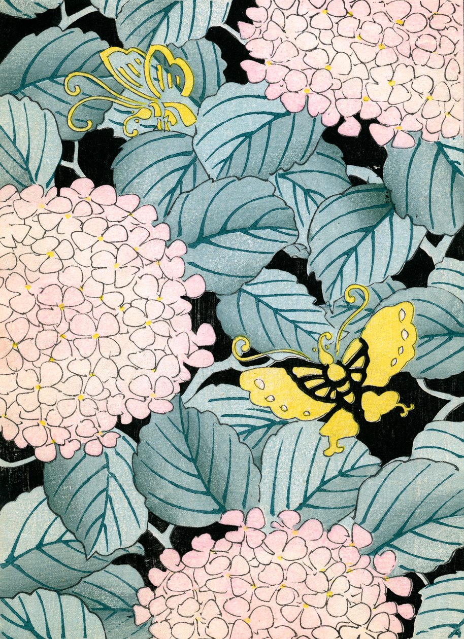 Hortensia og sommerfugle af Japanese School