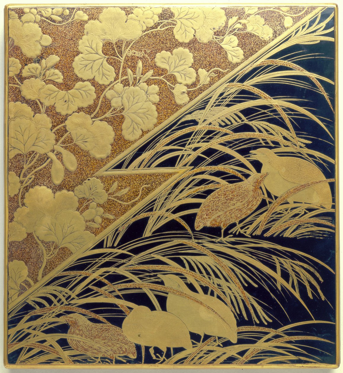 Blækstensæske med motiv af pampasgræs og vagtel, Edo-perioden, ca. 1630 (lakeret træ med guld, blæksten og sølv) af Japanese School