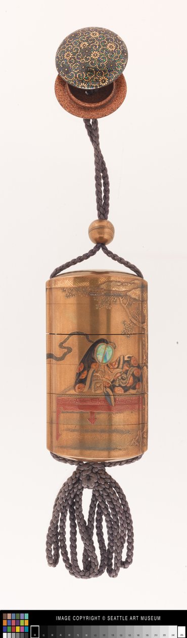 Inro dekoreret med en domstolsdame, ojime og netsuke af Japanese School