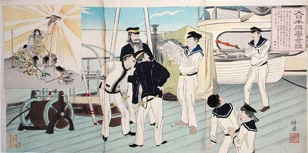 Japanske sømænd, der beundrer deres ørnemaskot, en episode fra den kinesisk-japanske krig, slutningen af det 19. århundrede (træblok i farver) af Japanese School