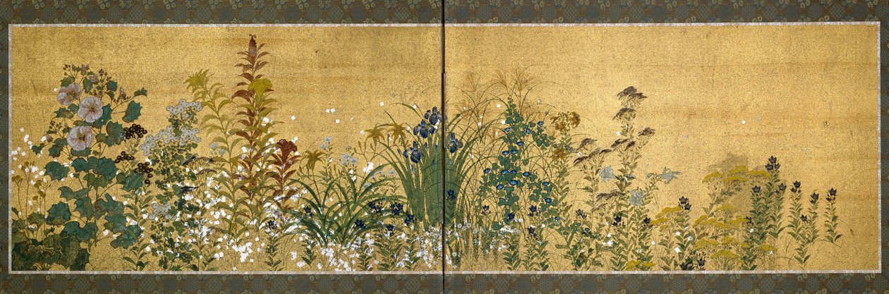Japansk kunst: skærmpaneler dekoreret med blomster. Stil af skolen i Rimpa (1596-1615). Maleri på silke. Svag. 65x189 cm Privat samling af Japanese School
