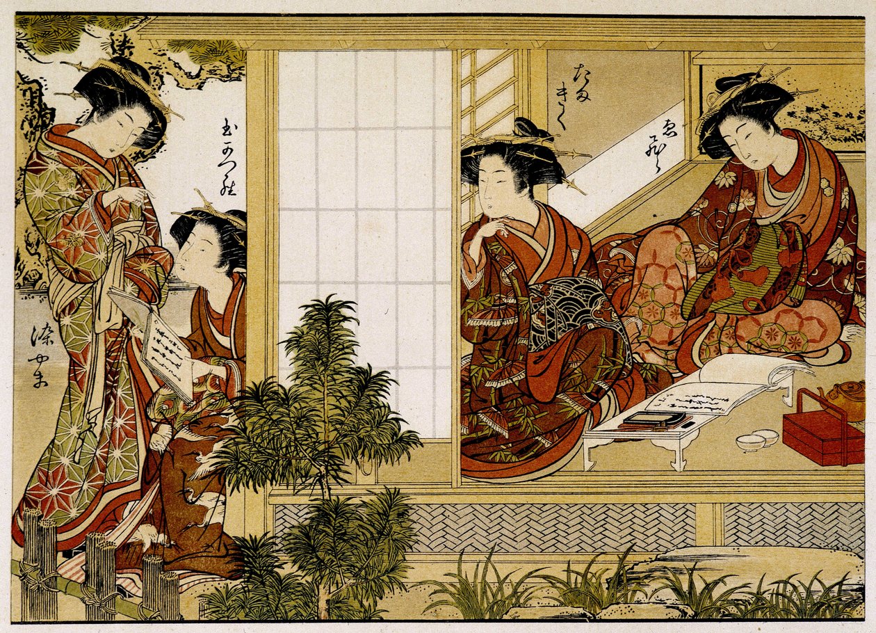 Japanske kvinder, der skriver og læser. 1700-tals tryk. af Japanese School