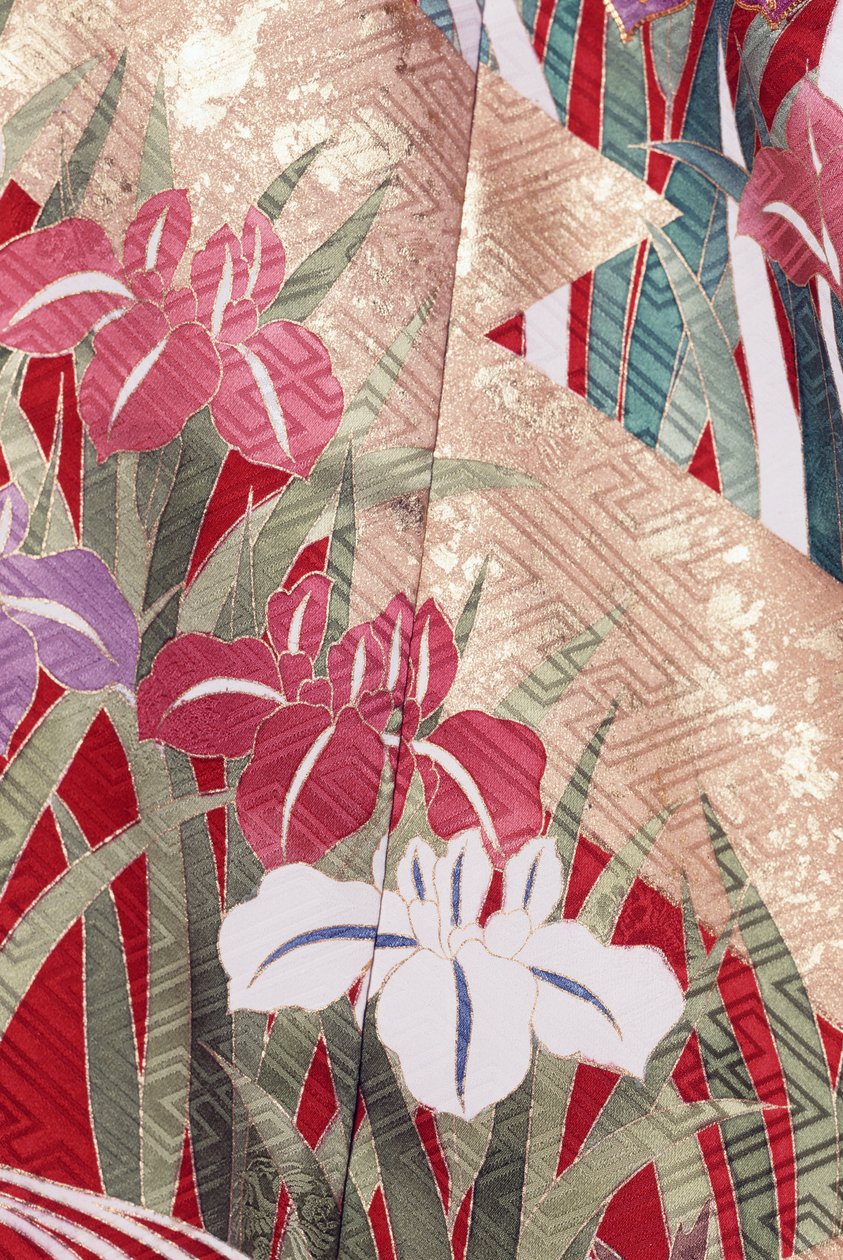 Kimono Furisode (bølgende ærmer) båret af unge ugifte kvinder ved elegante lejligheder og Maiko (lærling Geisha), Glat silke, Hinpaku motiver, iris, detaljer, Kaga-Yuzen farvning, Tokamachi væverier, japansk civilisation, 20. århundrede af Japanese School