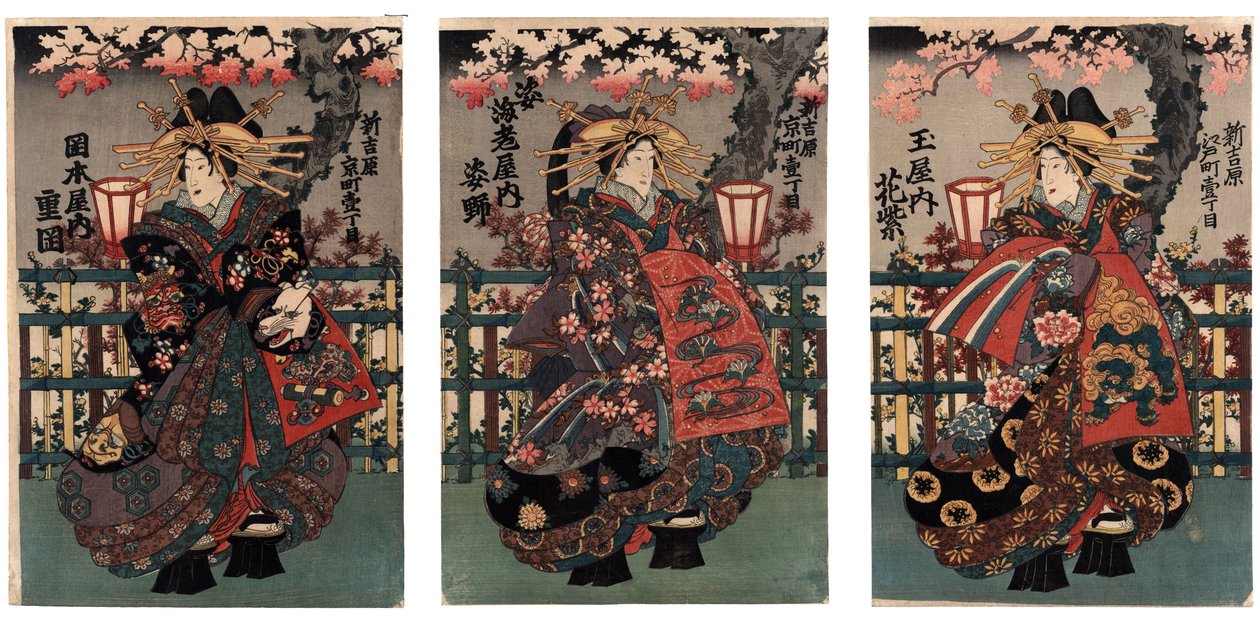 La courtisane Shigeoka de Okamoto-ya; La courtisane Sugatano de Sugataebi-ya; La courtisane Hanamurasaki de Tama-ya --Courtesaner Shigeoka, Sugatano og Hanamurasaki. Triptykon. Fra serien Yoshiwaras skønheder --Anonyme --Mellem 1848 og 1 af Japanese School