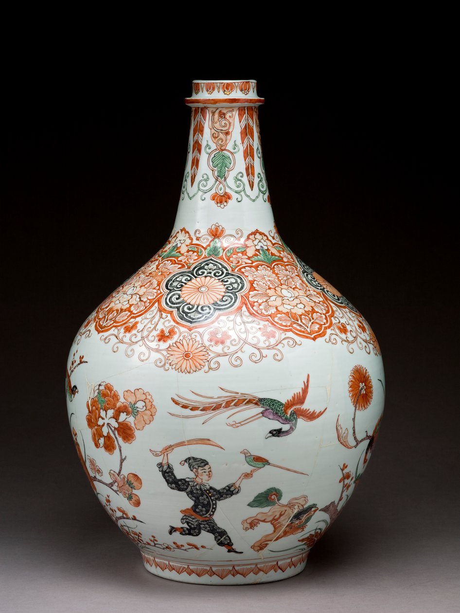 Stor flaskevase, dekoreret i Holland i Imari-stil, Ko-Imari, slutningen af 1600-tallet (lertøj med emaljeoverglasur) af Japanese School