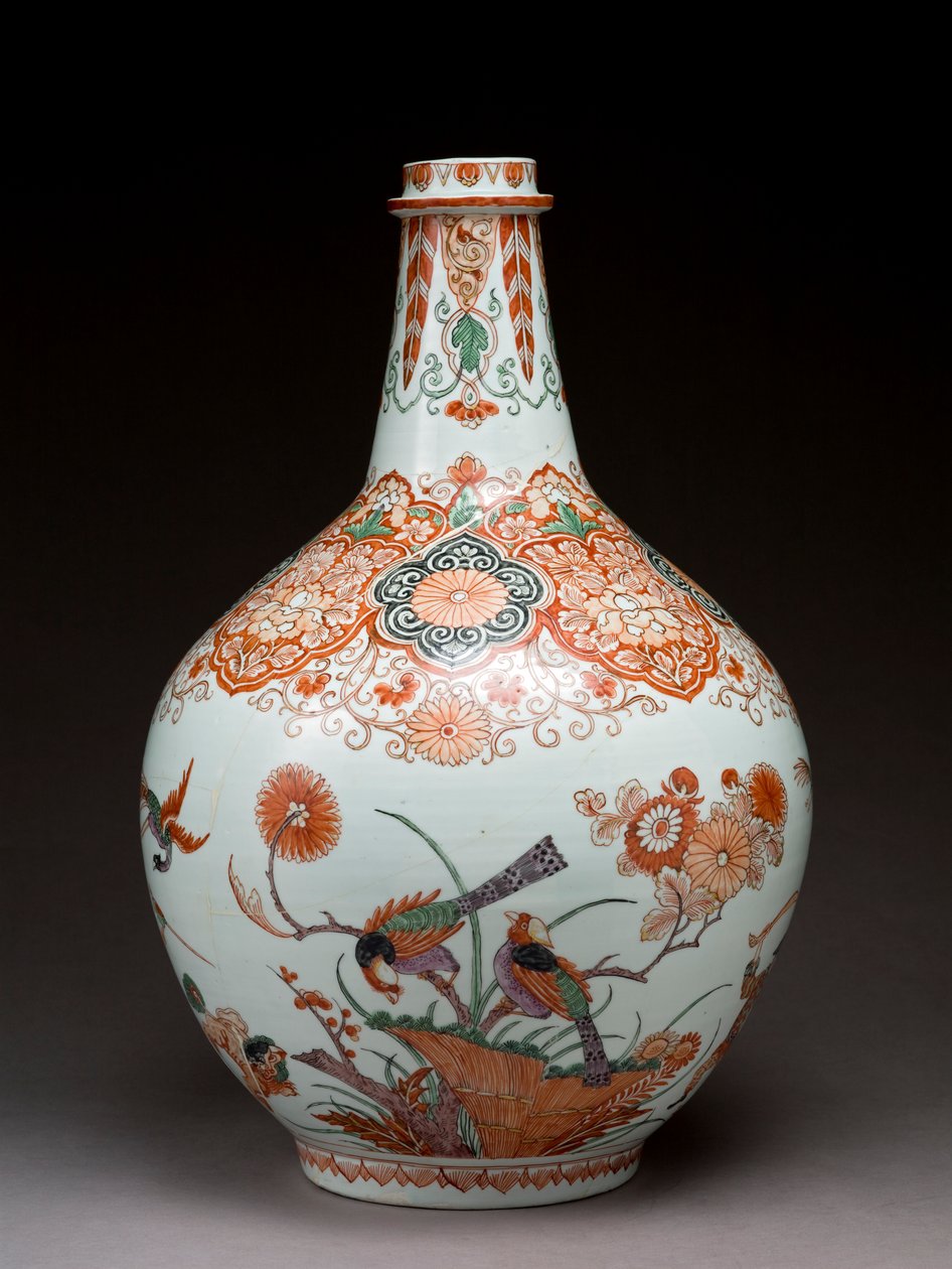 Stor flaskevase, dekoreret i Holland i Imari-stil, Ko-Imari, slutningen af 1600-tallet (lertøj med emaljeoverglasur) af Japanese School