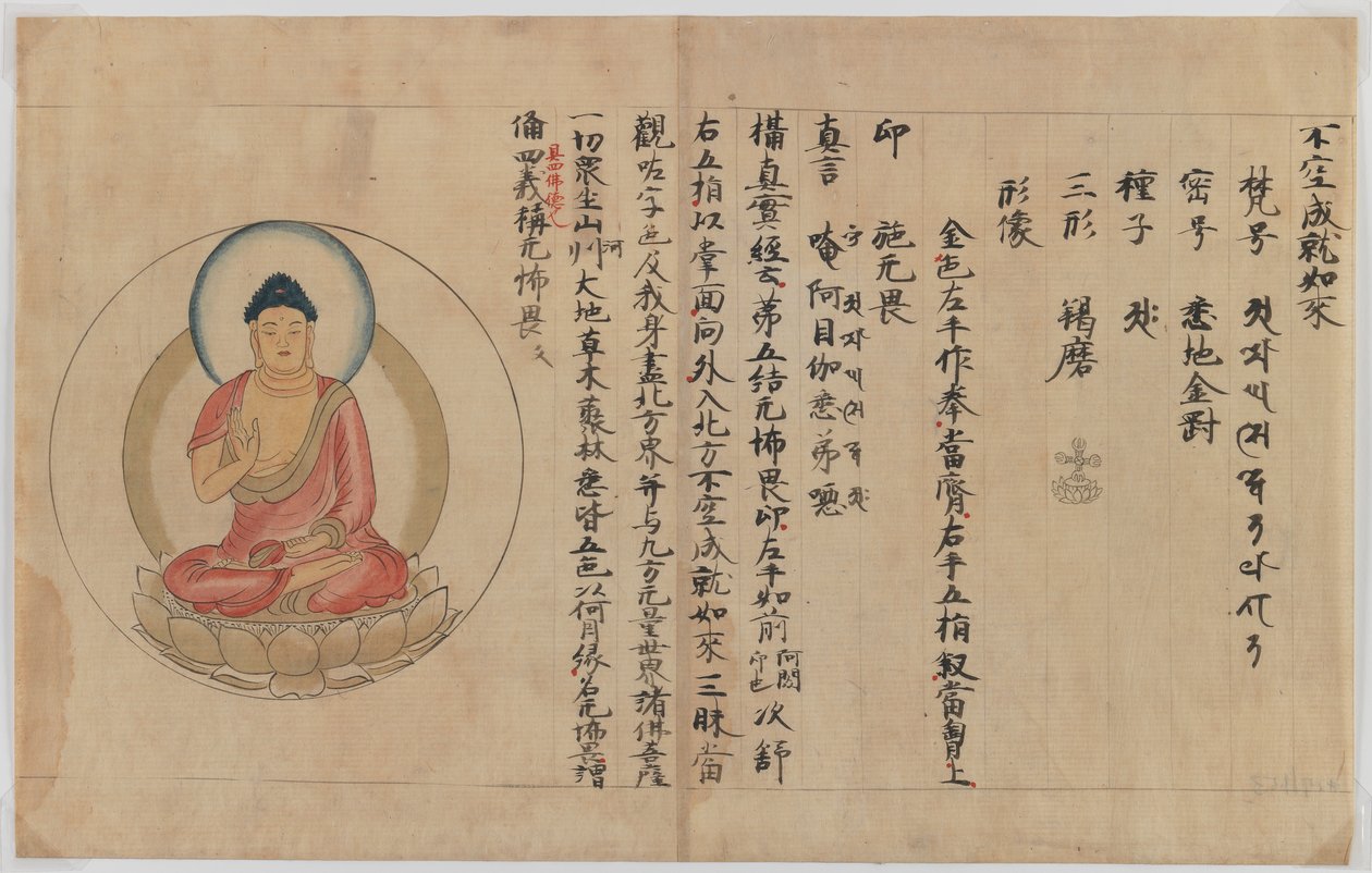Manuskript og billede af Buddha (blæk og farve på papir) af Japanese School
