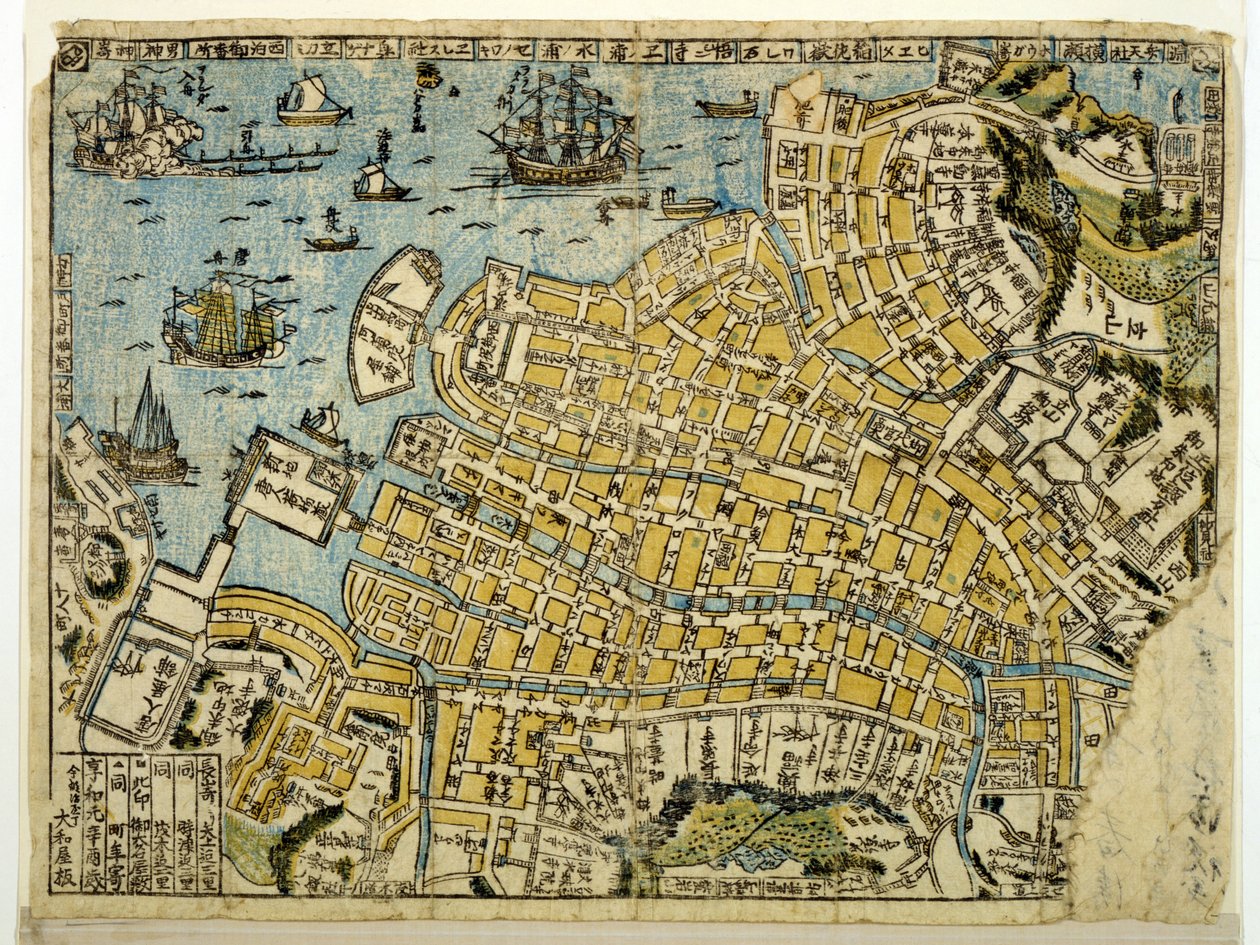 Kort over Nagasaki, ca. 1801 (farvetræsnit) af Japanese School