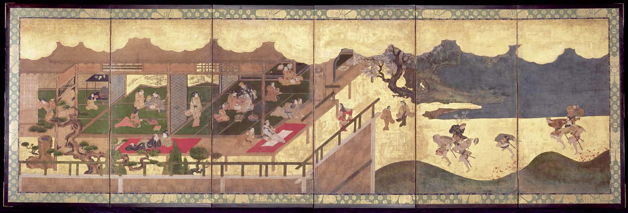 Merrymaking (blæk, farve og bladguld på papir) af Japanese School