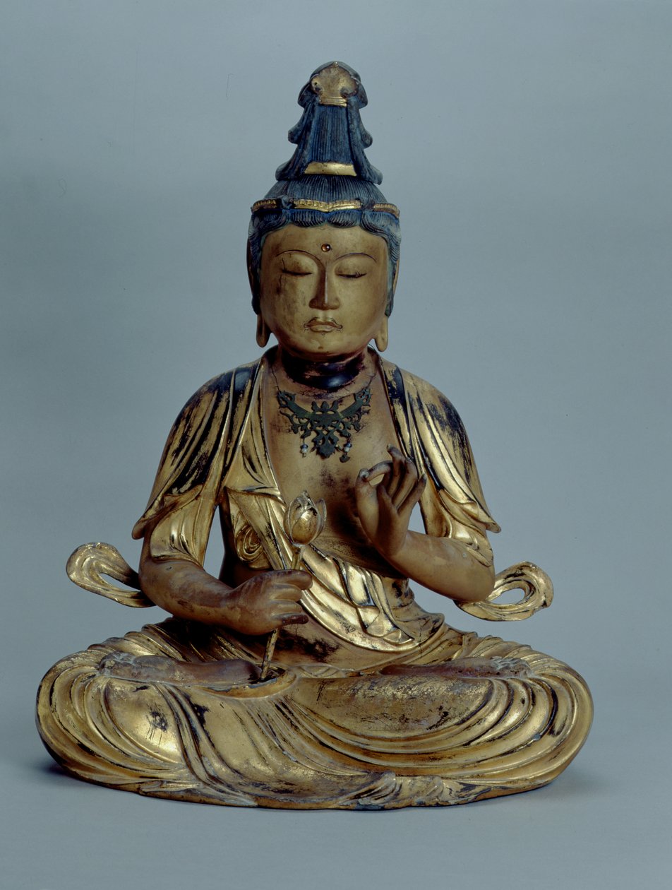 Miroku Bosatsu (træ med forgyldt, guld indigo, bronze og perler) af Japanese School