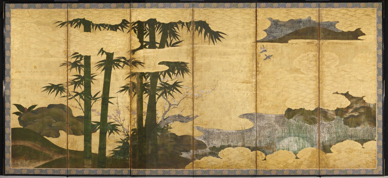 Moonlit Bamboo Grove, tidligt i det 16. århundrede (par af seks panelskærme; blæk, farve og guld på skrift) af Japanese School