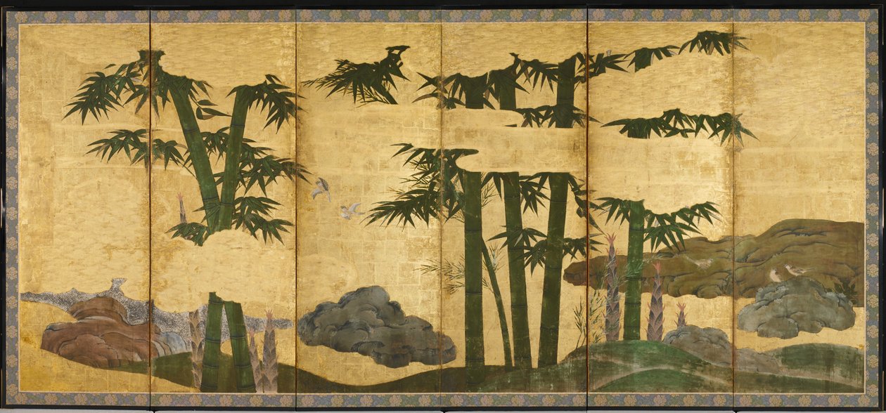 Moonlit Bamboo Grove, tidligt i det 16. århundrede (par af seks panelskærme; blæk, farve og guld på skrift) af Japanese School