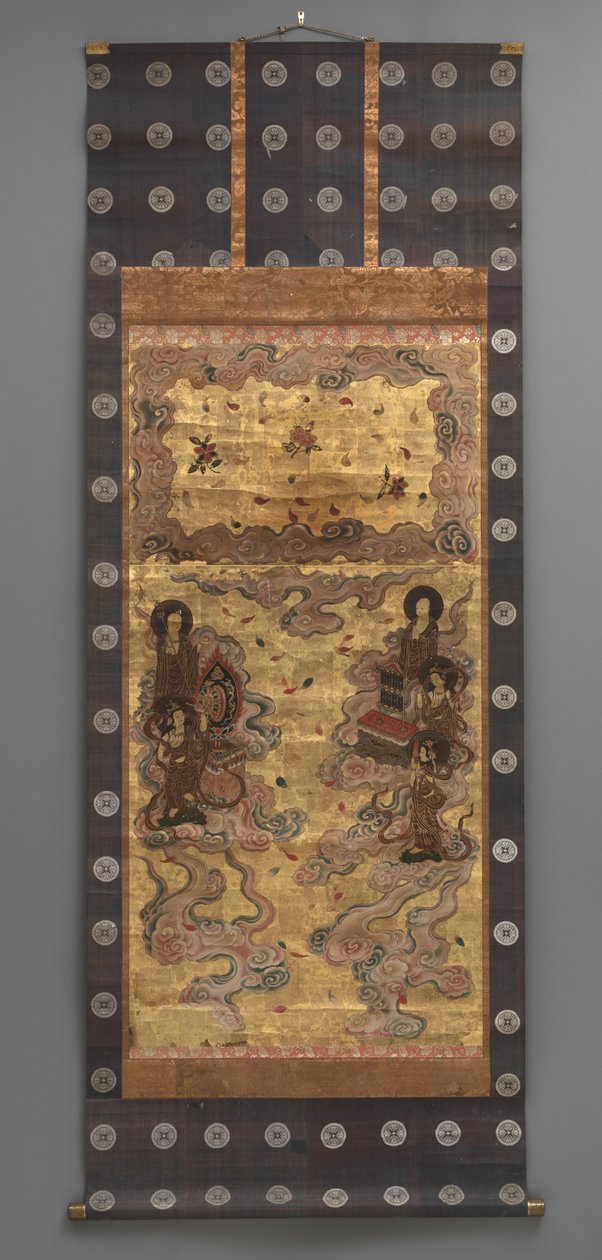 Vægmaleri: Nedstigning af femogtyve bodhisattvaer (tilhængere af Amitabha-triaden), 1700-tallet (Triptykon hængende ruller: blæk, farve og guld blad på papir, messing) af Japanese School