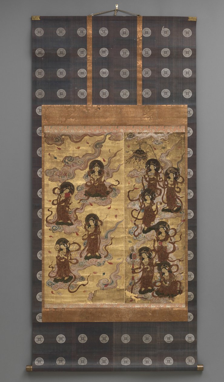 Vægmaleri: Nedstigning af femogtyve bodhisattvaer (tilhængere af Amitabha-triaden), 1700-tallet (Triptykon hængende ruller: blæk, farve og guld blad på papir, messing) af Japanese School