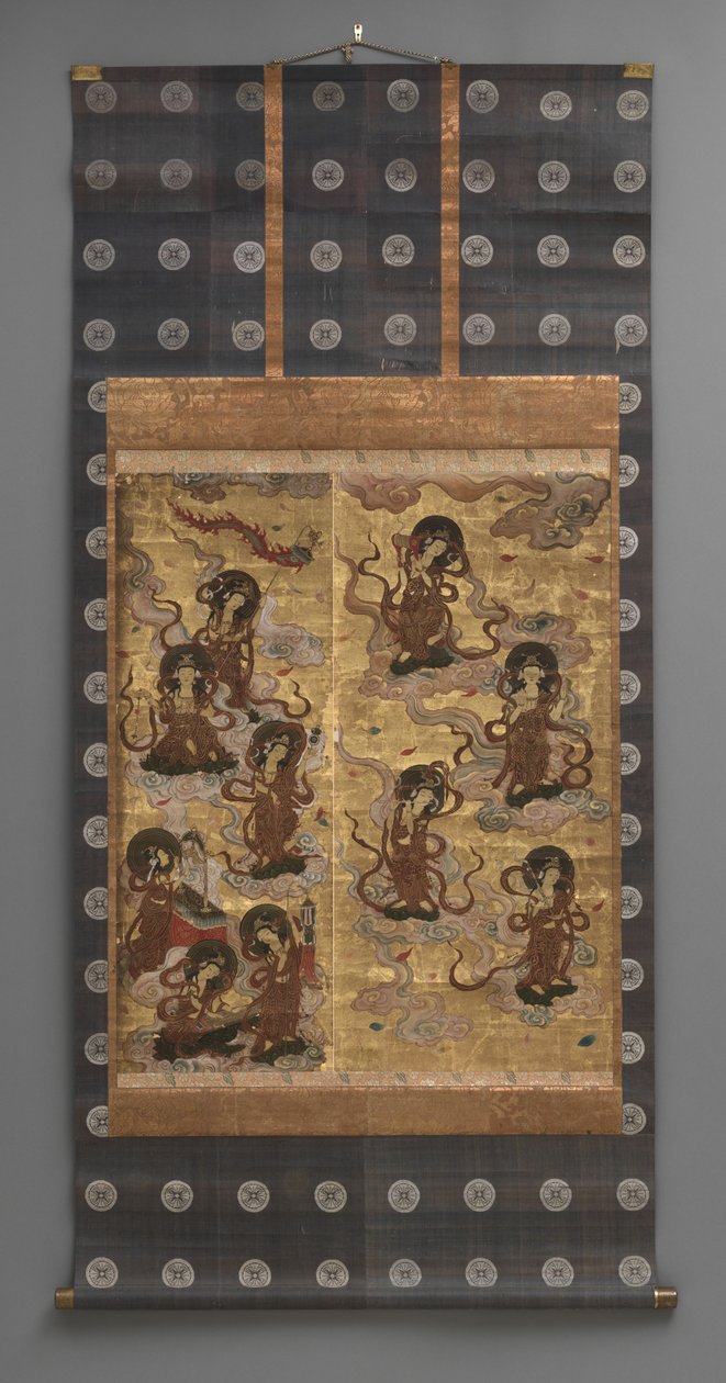 Vægmaleri: Nedstigning af femogtyve bodhisattvaer (tilhængere af Amitabha-triaden), 1700-tallet (Triptykon hængende ruller: blæk, farve og guld blad på papir, messing) af Japanese School