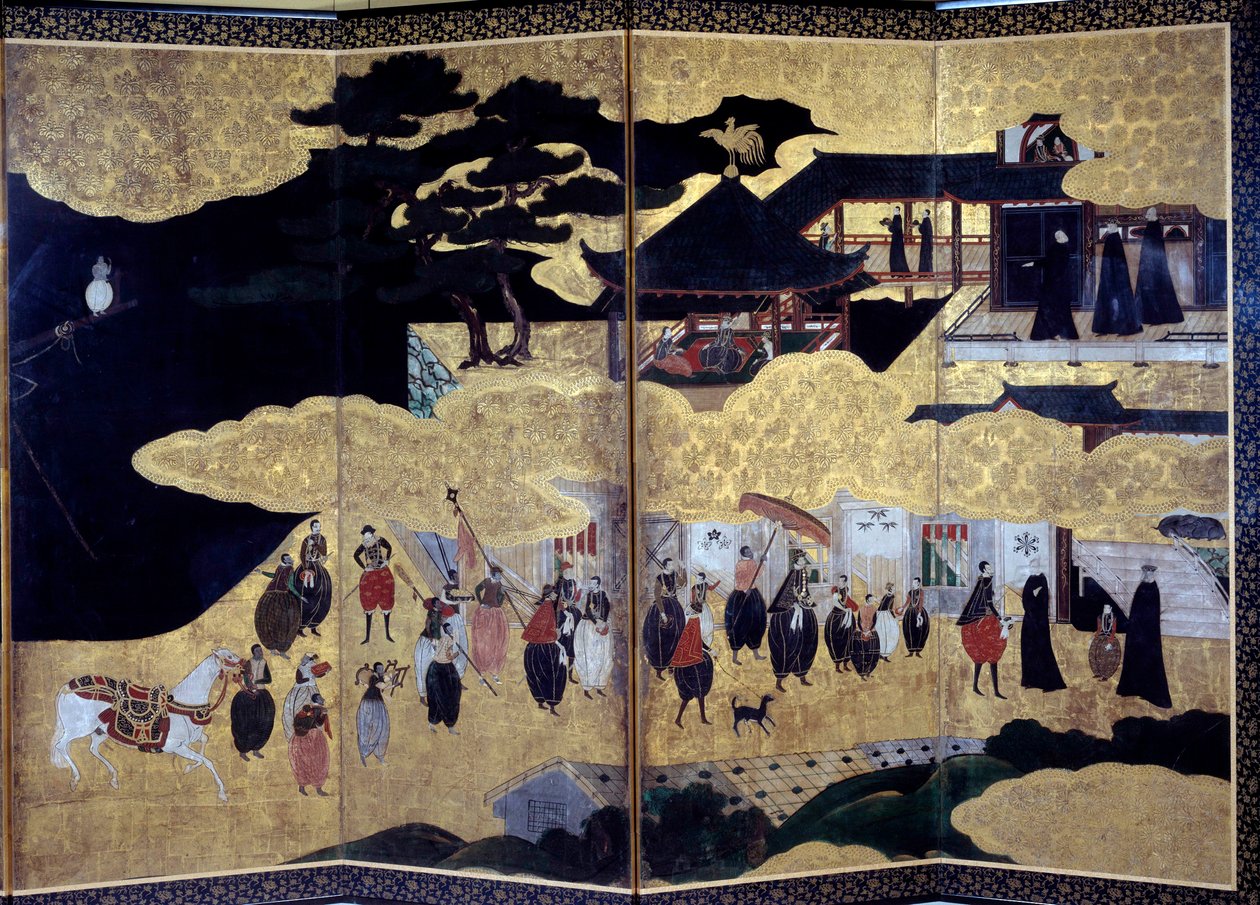 Namban Byobu-skærm kaldet "Portugisisk": en repræsentation af portugisiske jesuit-missionærers ankomst til Japan i det 16. århundrede. Realiseret af Kano Skole. 17. århundrede. Paris, Guimet-museet, Nationalmuseet for asiatisk kunst af Japanese School