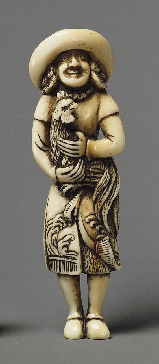 Netsuke modelleret som udlænding med kirin, 1800-tallet (elfenben) af Japanese School